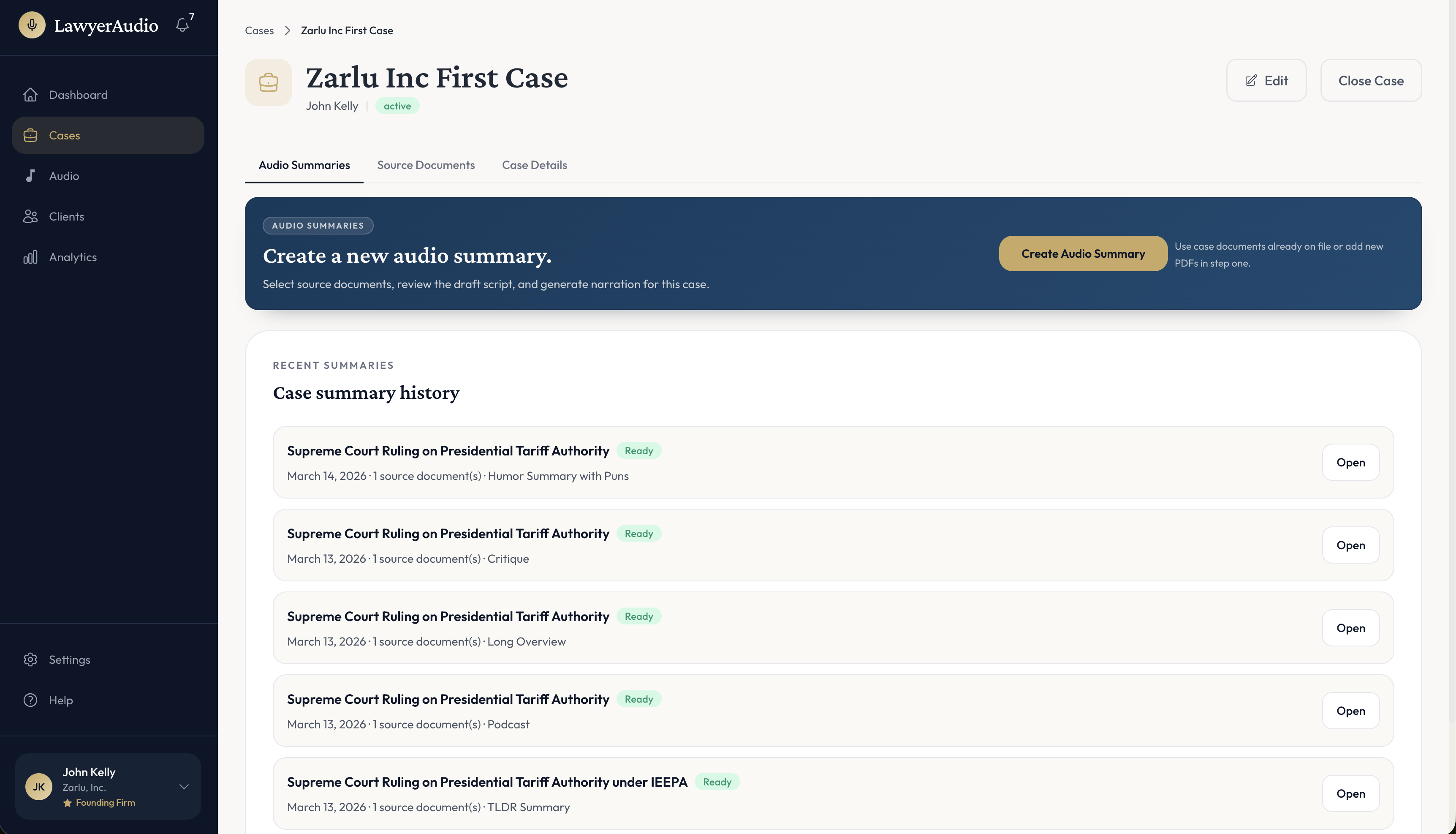 LawyerAudio app showing a case with audio summaries in multiple styles